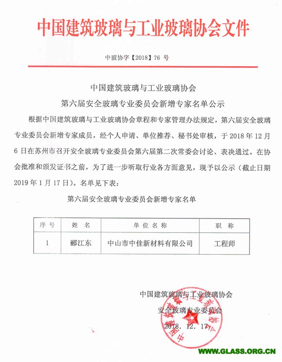 安全玻璃專委會(huì)六屆新增專家